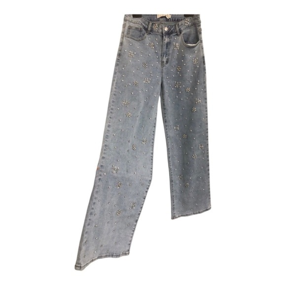 Stunning Pearl & crystal cz adorned light wash denim jeans size large brand new - Picture 10 of 14